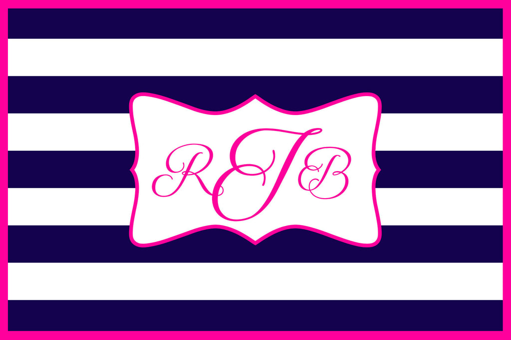 Navy Blue and Pink Striped Monogram Card