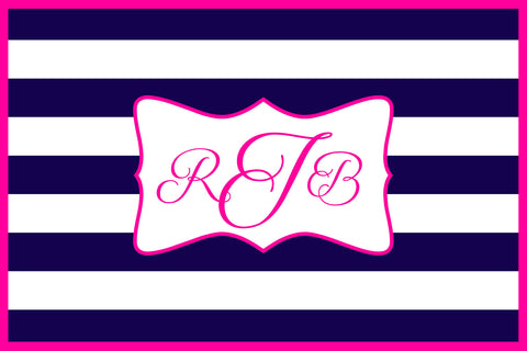 Navy Blue and Pink Striped Monogram Card